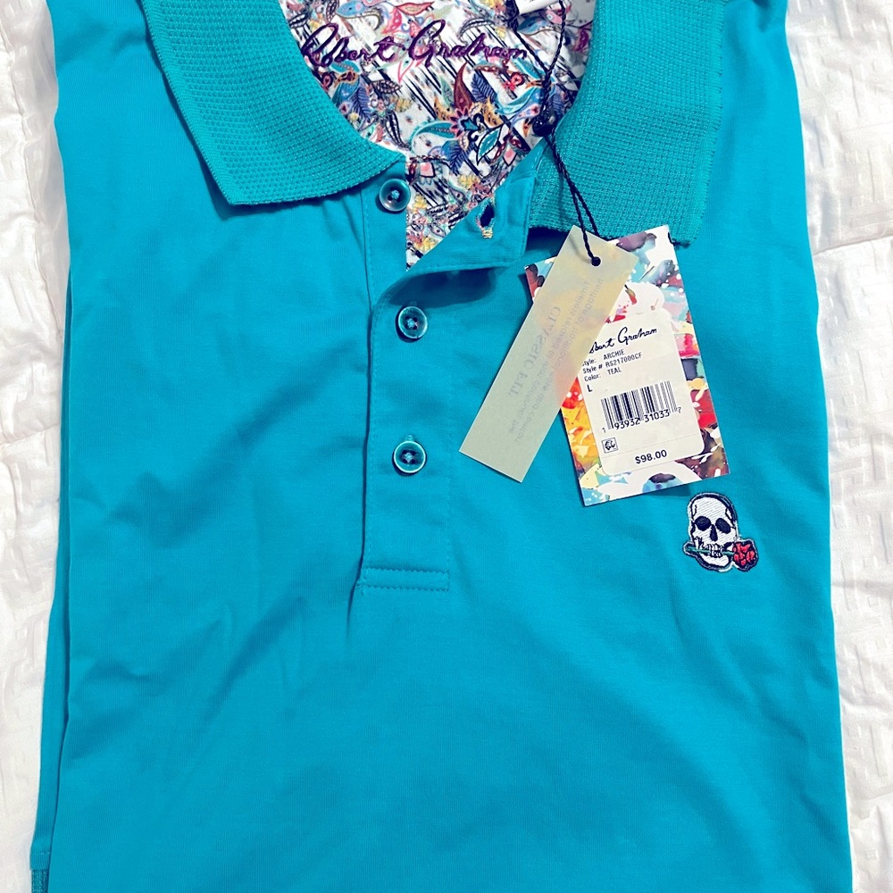 NWT Robert Graham Blue Embroidered Red Rose‎ Skull Polo Shirt Large